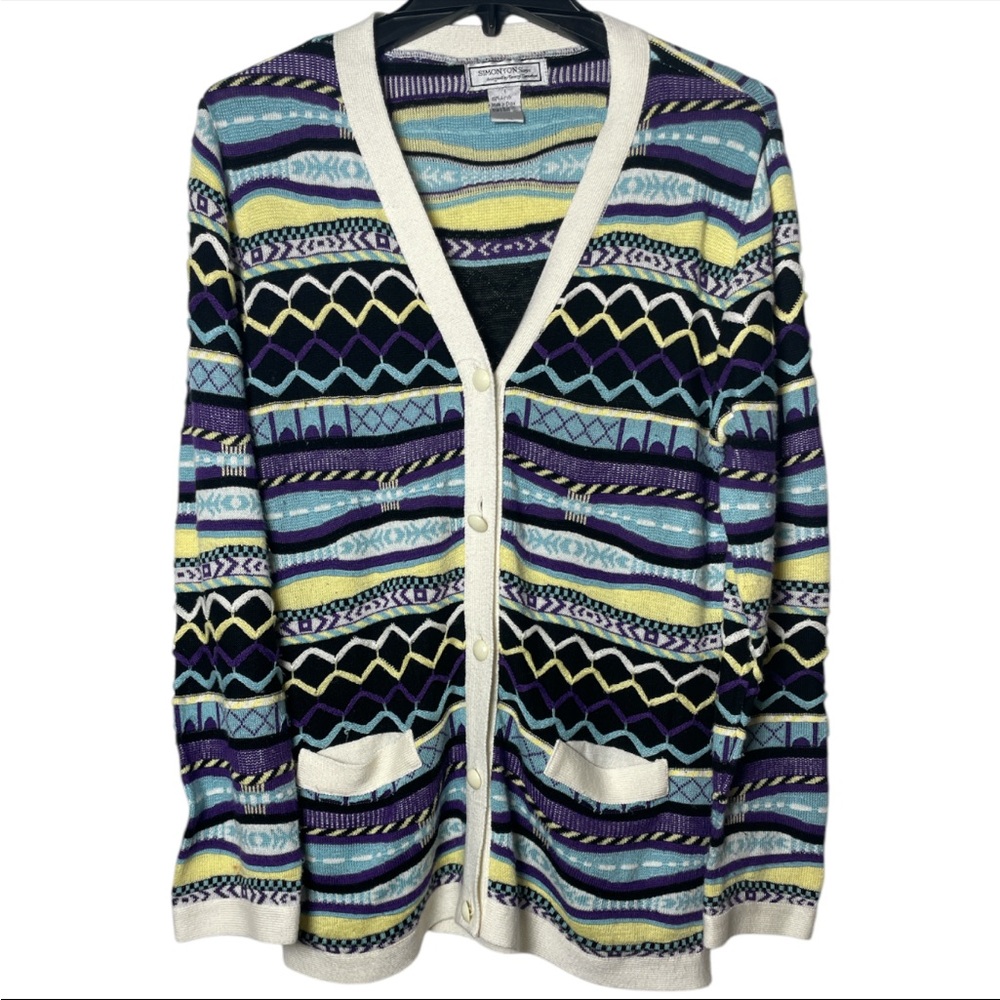 Vintage Simonton 3D Knit “Coogi Like” Cardigan Sweater black purple size Small